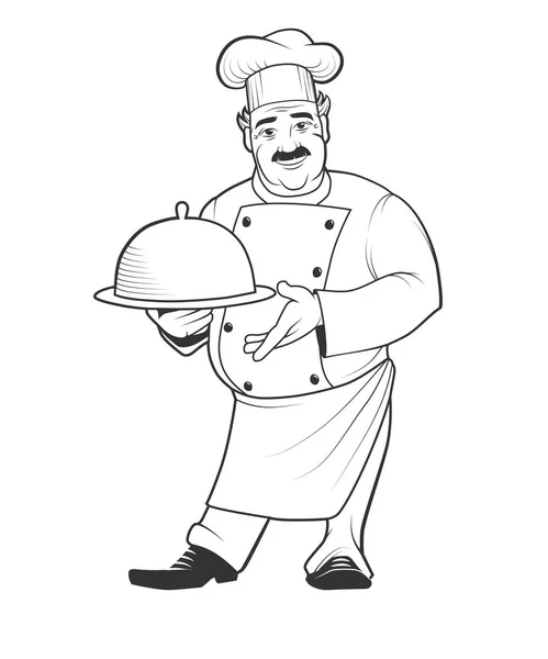 Векторная иллюстрация повара с блюдом в линейном исполнении — стоковый вектор