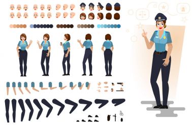 Stilize polis kız, düz vektör çizim. Dizi farklı öğeler, duygular, hareketleri, vücut parçaları için karakter animasyon, beyaz arka plan üzerinde izole.