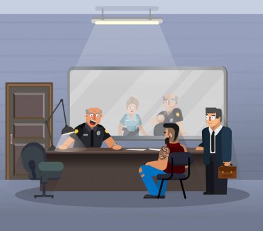 Vektör çizim düz bir tarzı, bir polis istasyonunda bir şüpheliyi sorgulayarak için oda. İstek, bölümü bir polis, şüpheli, bir avukat katılımı ile subayların çalışmalarını sahne.