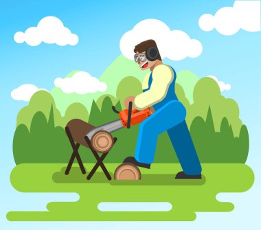 Günlükleri testere testere bahçede çalışan bir adam. Düz bir stil vektör çizim.