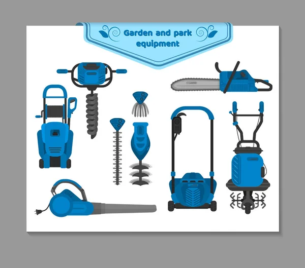 Ilustración vectorial, conjunto de equipos de jardín y parque: cortadora de césped, cortadora de cepillos, lavadora de alta presión, motosierra, motobur, cultivadora, soplador — Vector de stock