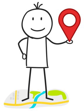 GPS simgesi olan bir harita üzerinde duran çubuk figürü