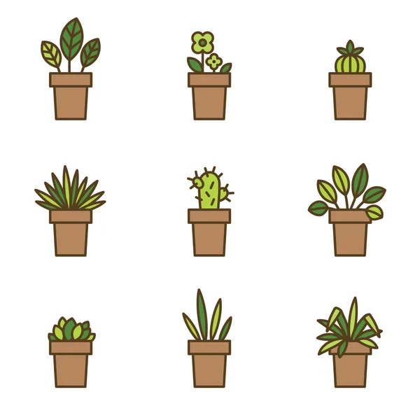 Huis planten in bloempotten. Set van platte lijn pictogrammen — Stockvector
