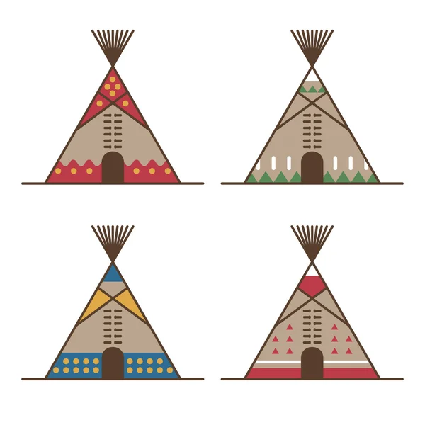 Native american tipis met traditionele inrichting — Stockvector