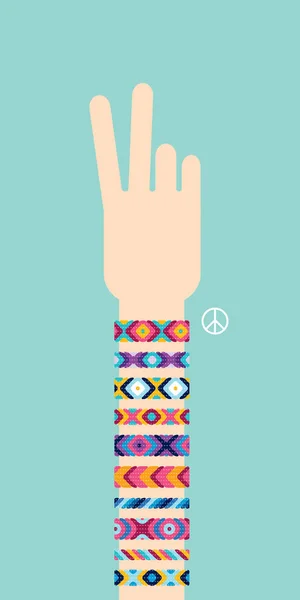 Main avec des bracelets d'amitié hippie. Signe de victoire — Image vectorielle