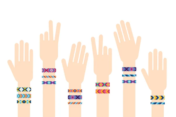 Manos con pulseras de amistad hippy — Vector de stock