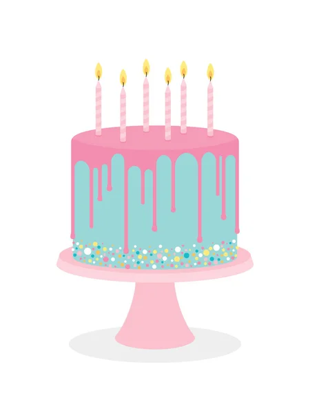 Birthday cake with frosting and burning candles — Stock Vector