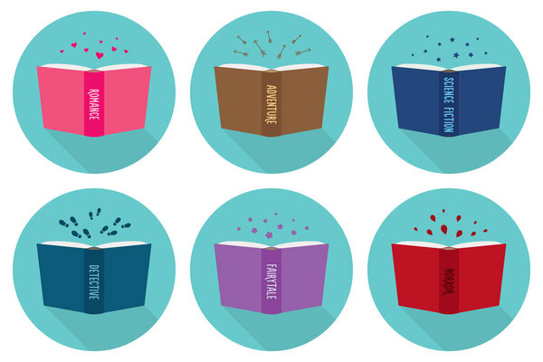 Набор икон жанра фантастики. Открытые книги
