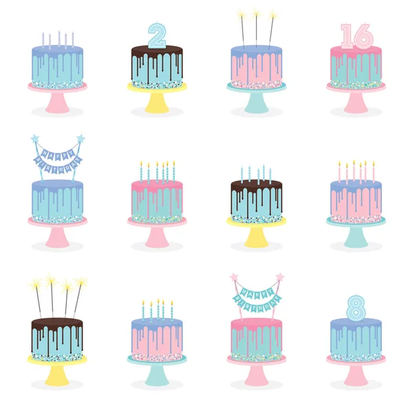 Conjunto de pasteles de cumpleaños con velas y decoración — Vector de stock