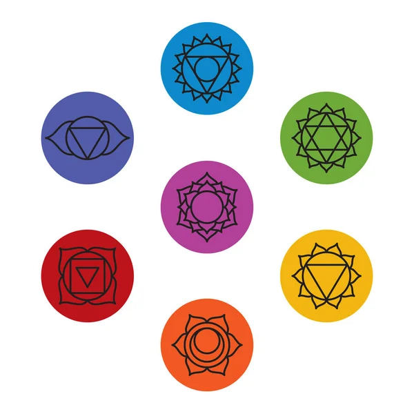 Conjunto de siete símbolos de chakra. Yoga, meditación — Archivo Imágenes Vectoriales