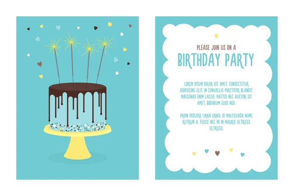 Tarjeta de invitación de cumpleaños con pastel. Vector . — Vector de stock