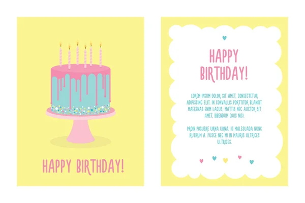 Tarjeta de felicitación de cumpleaños con pastel y velas — Vector de stock