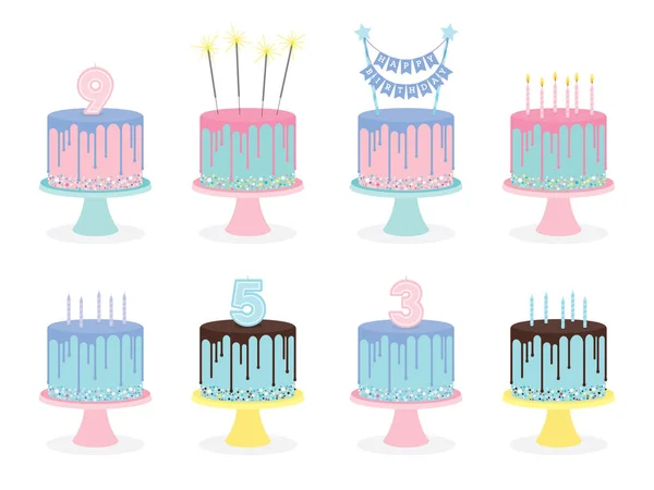 Conjunto de pasteles de cumpleaños con velas y decoración — Vector de stock