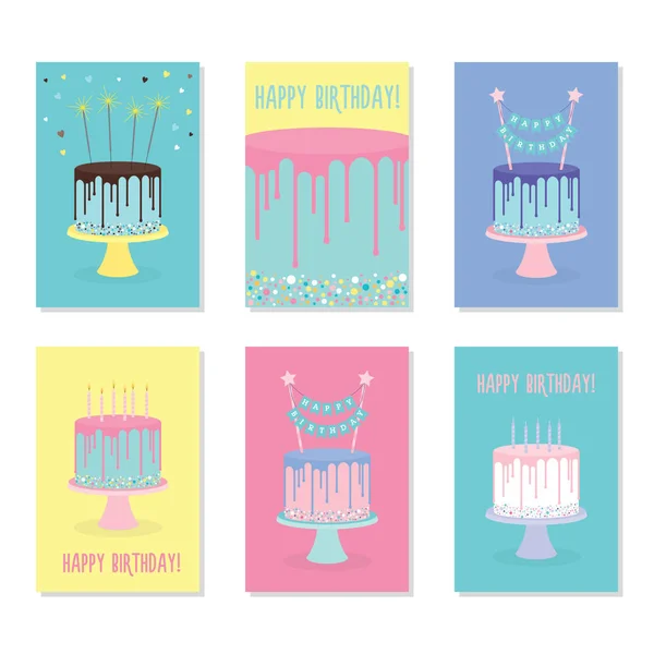 Conjunto de tarjetas de felicitación de cumpleaños con pasteles — Vector de stock