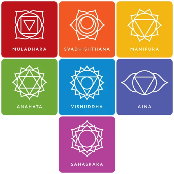 Set of seven chakra symbols with names — Stock Vector