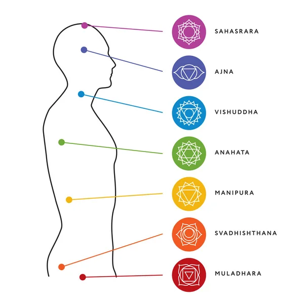 Chakra-systeem van het menselijk lichaam. Energiecentra — Stockvector