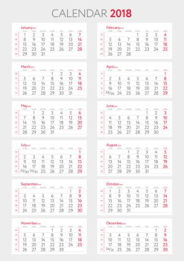 Takvim hafta şablonu ile 2018. Başlar Pazartesi