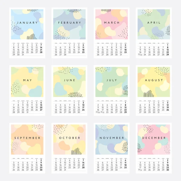Kalender 2018 mit abstrakten Formen im Memphis-Stil — Stockvektor