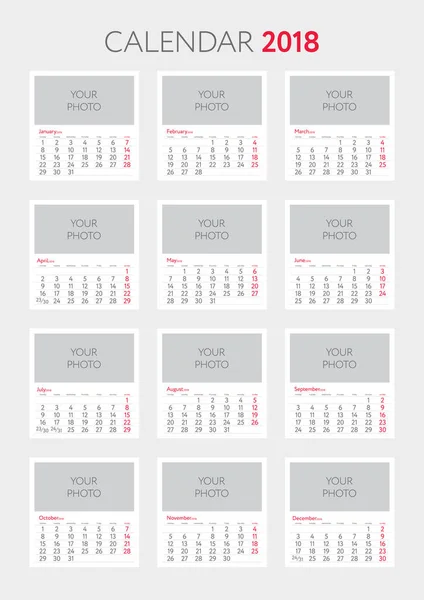 Modelo de calendário 2018. Coloque sua foto —  Vetores de Stock