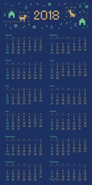Calendario 2018 con bordado de punto de cruz pixel art — Vector de stock