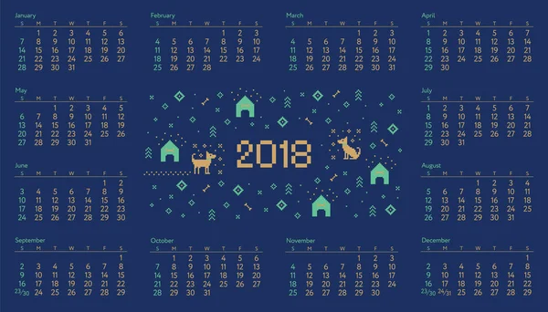 Kalendář 2018 s cross stitch pes pixel umění — Stockový vektor