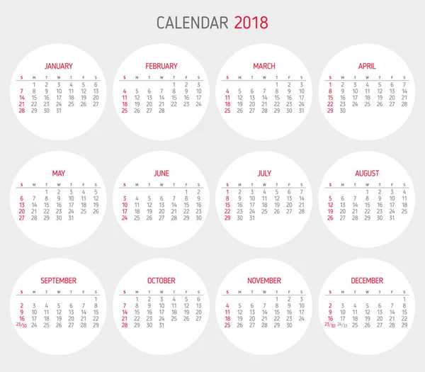 Kalender 2018 Jahresvorlage. Kreisform — Stockvektor