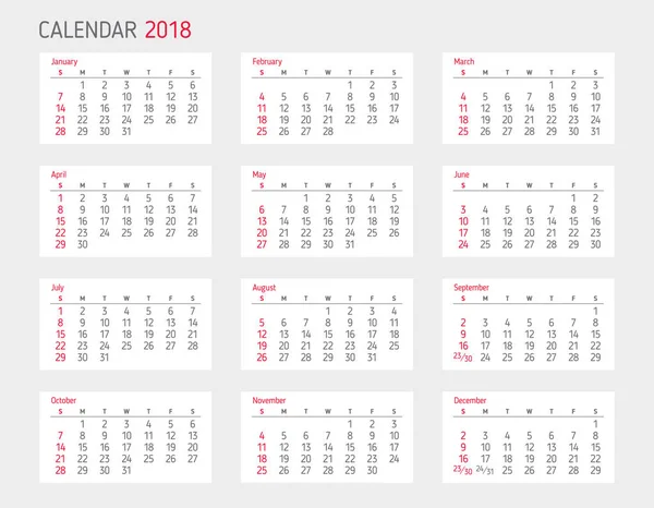 Kalendarz 2018 roku szablonu. Rozpoczyna się w niedzielę — Wektor stockowy