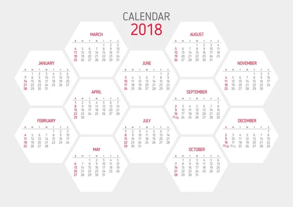 Modelo de calendário 2018. Forma hexágono —  Vetores de Stock