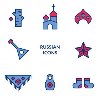 Rus düz çizgi Icon set. Kültür işaretler Rusya
