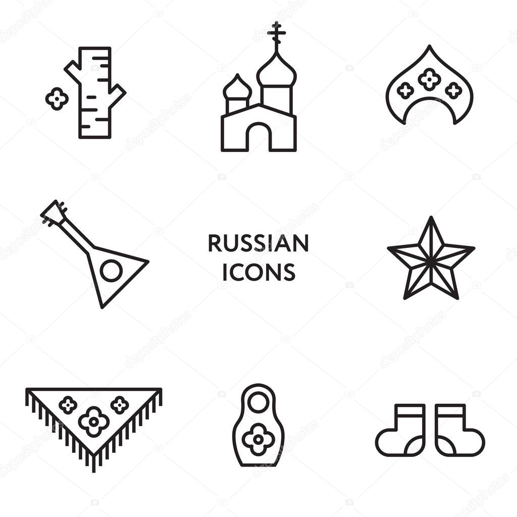 Russian flat line icon set. Culture Signs Russia