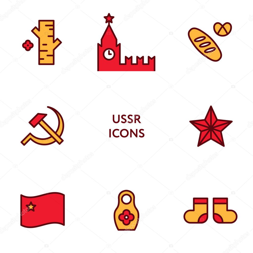 USSR flat line icon set. Soviet union signs