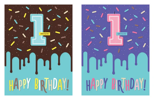 Birthday Greeting Card Dripping Glaze Decorated Cake Number Celebration Candle — Stock Vector