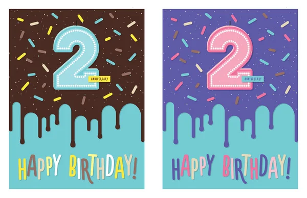 生日贺卡与滴水釉上装饰蛋糕和2号庆祝蜡烛 第二周年纪念日 男孩和女孩变异 — 图库矢量图片