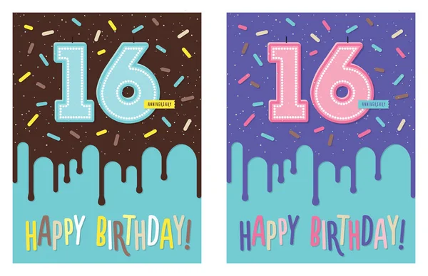 生日贺卡与滴水釉在装饰蛋糕和数字16庆祝蜡烛 — 图库矢量图片