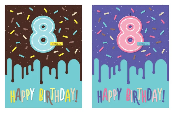 生日贺卡与滴水釉在装饰蛋糕和数字8庆祝蜡烛 — 图库矢量图片