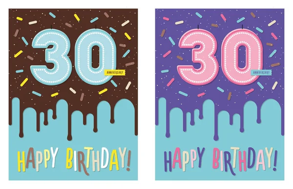 生日贺卡 装饰蛋糕上滴着釉子 点着30支庆祝蜡烛 — 图库矢量图片
