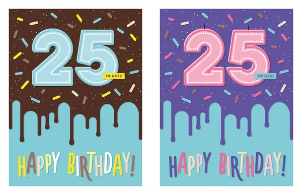 生日贺卡 装饰蛋糕上滴着釉子 还有25支庆祝蜡烛 — 图库矢量图片