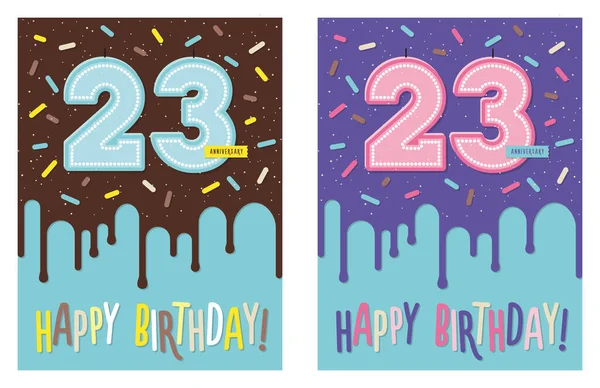 Birthday Greeting Card Dripping Glaze Decorated Cake Number Celebration Candle — Stock Vector