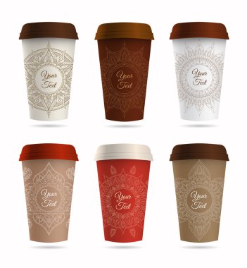 Kağıt kahve veya çay bardağı ve süsleme seti. Vektör