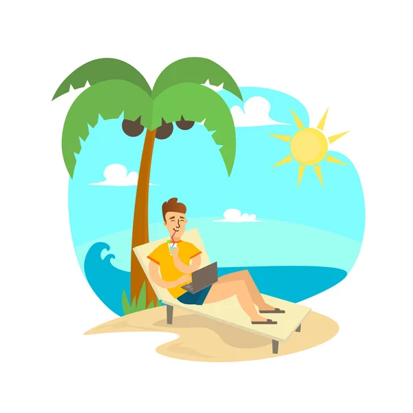 Freelance Man on Beach. Vector — Stock Vector