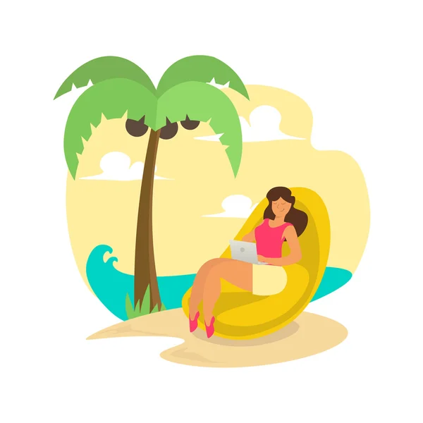 Freelance Woman on Beach. Vecteur — Image vectorielle