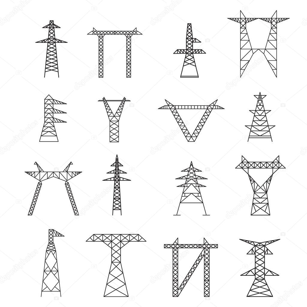 Silhouettes of High Voltage Electric Post Icon Set. Vector