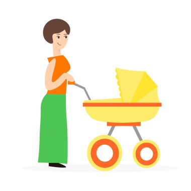 Çizgi film bir bebek arabası ile şirin anne. Vektör