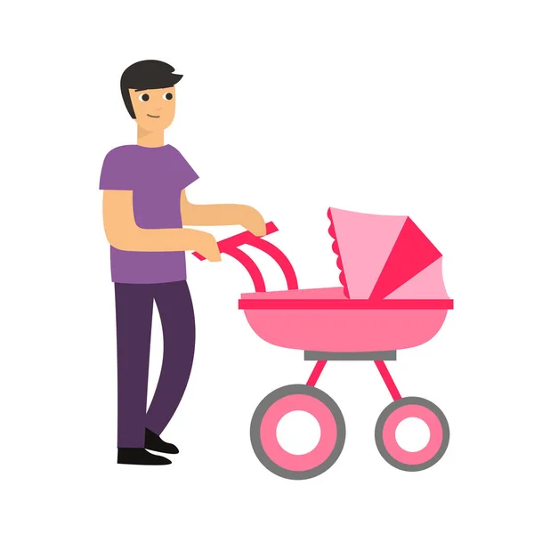 Cartoon Cute Dad with a Stroller. Vector — Stock Vector