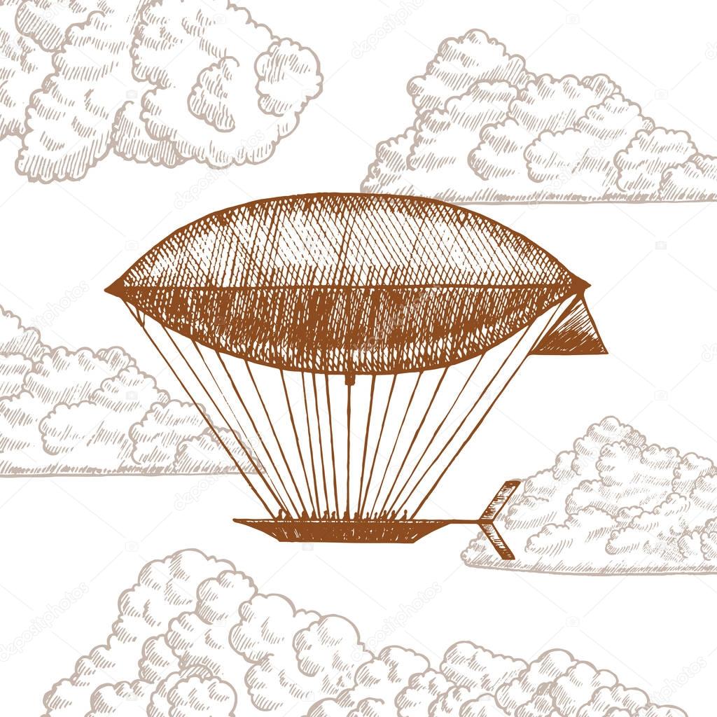 Zeppelin in Clouds on Sky Hand Draw Sketch. Vector