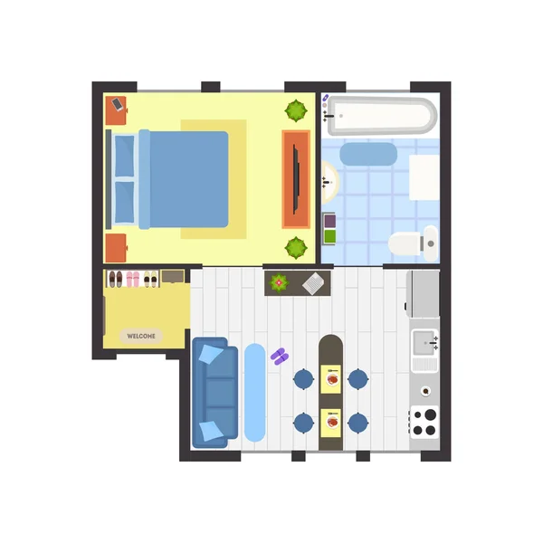 Appartement plattegrond met meubilair bovenaanzicht. Vector — Stockvector