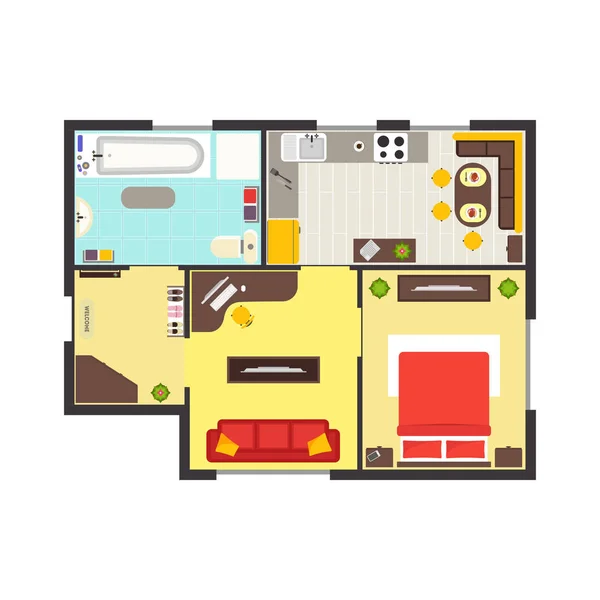 Lägenhet planritning med möbler ovanifrån. Vektor — Stock vektor