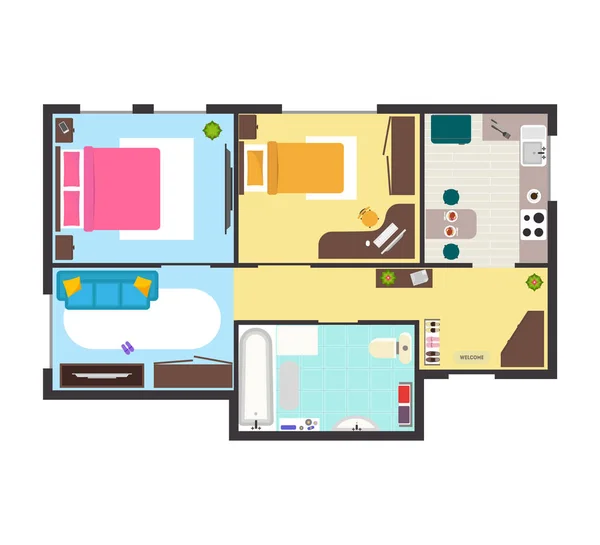 Apartamento Plano de Piso com Mobiliário Top View. Vetor —  Vetores de Stock