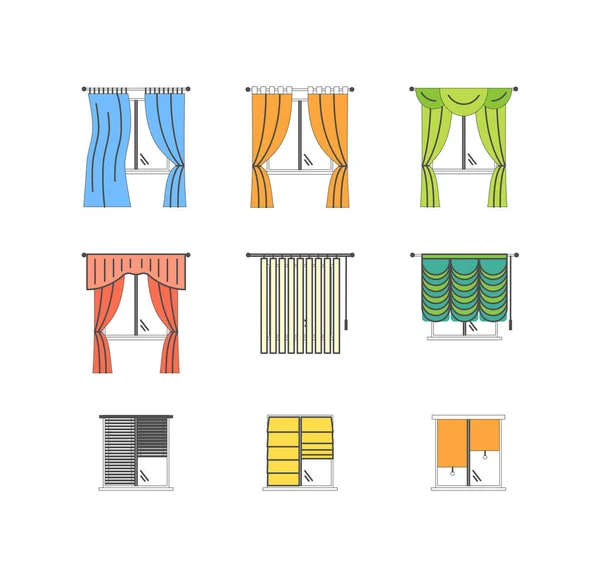 Cortinas de colores tipos de línea delgada conjunto. Vector — Vector de stock