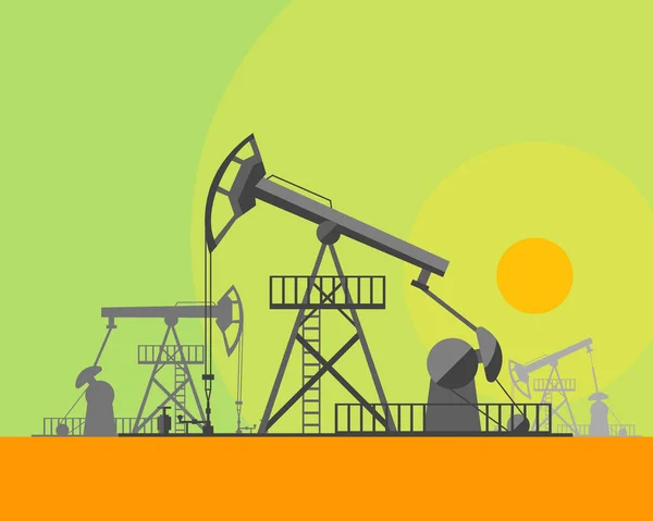 Γελοιογραφία πύργων γεώτρησης πετρελαίου στο ηλιοβασίλεμα υπόβαθρο. Διάνυσμα — Διανυσματικό Αρχείο